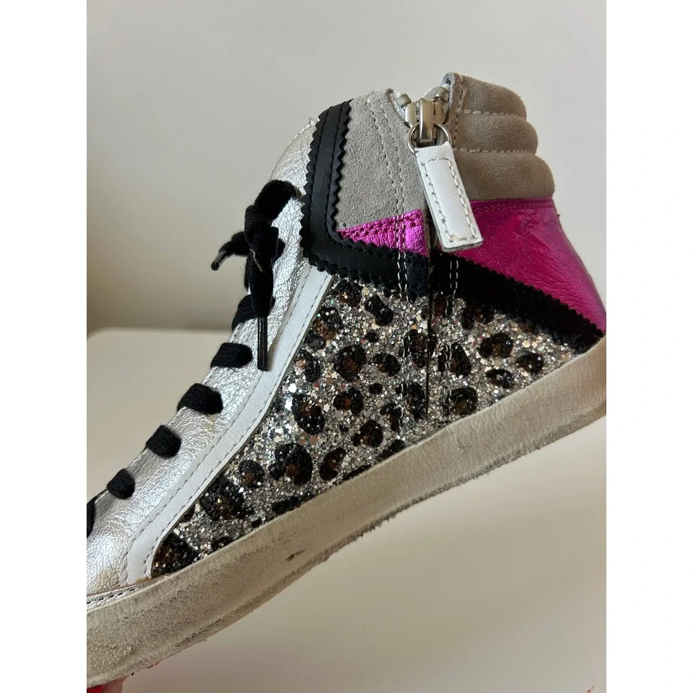 Philippe Model Paris PRSX High Woman Glitter Leo Metal‎ Argent Rose Sneakers 38